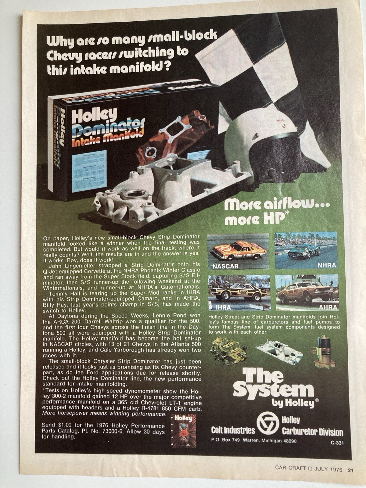 1976 Holley Print Ad Colt Industries Dominator Small Block Chevy Racers Switch