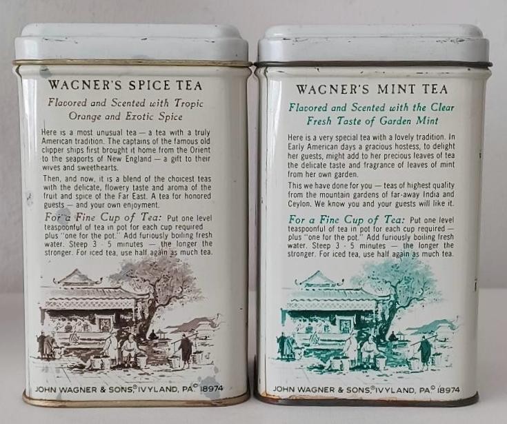 2 VINTAGE WAGNER’S TEA TINS SPICE & MINT EMPTY WITH LIDS JOHN WAGNER & SONS