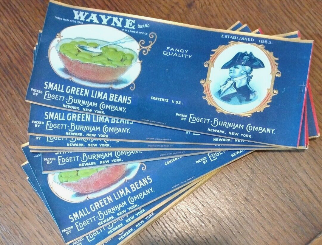 40+ Vintage Wayne Brand Small Green Lima Beans Can Labels ~Edgett-Burnham Co. NY