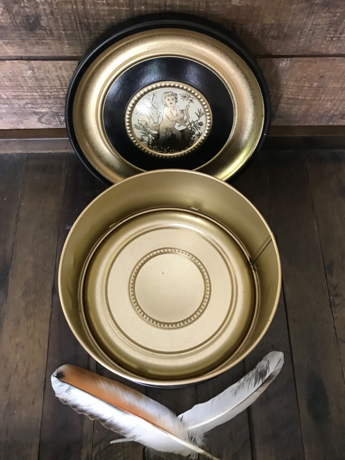 Vintage Cookie or Biscuit Tin ~ Black and Gold ~ Cupid Type Figure