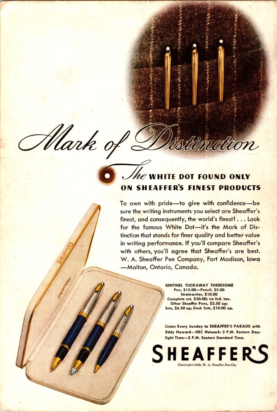 Pennsylvania Railroad/Sheaffer’s Writing Instruments, 1948 Nat Geo VTG Print Ad
