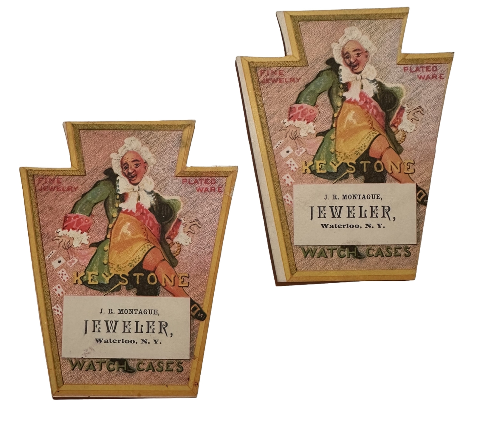 JEWELERS TRADE CARD KEYSTONE POCKET WATCH CASES J R MONTAGUE WATERLOO NY B49