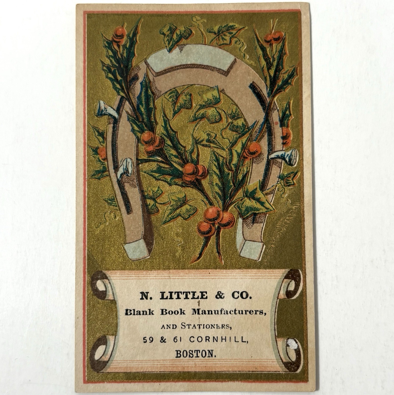 N Little & Co Boston Blank Books Stationary Antique Trade Card Horseshoe Berries