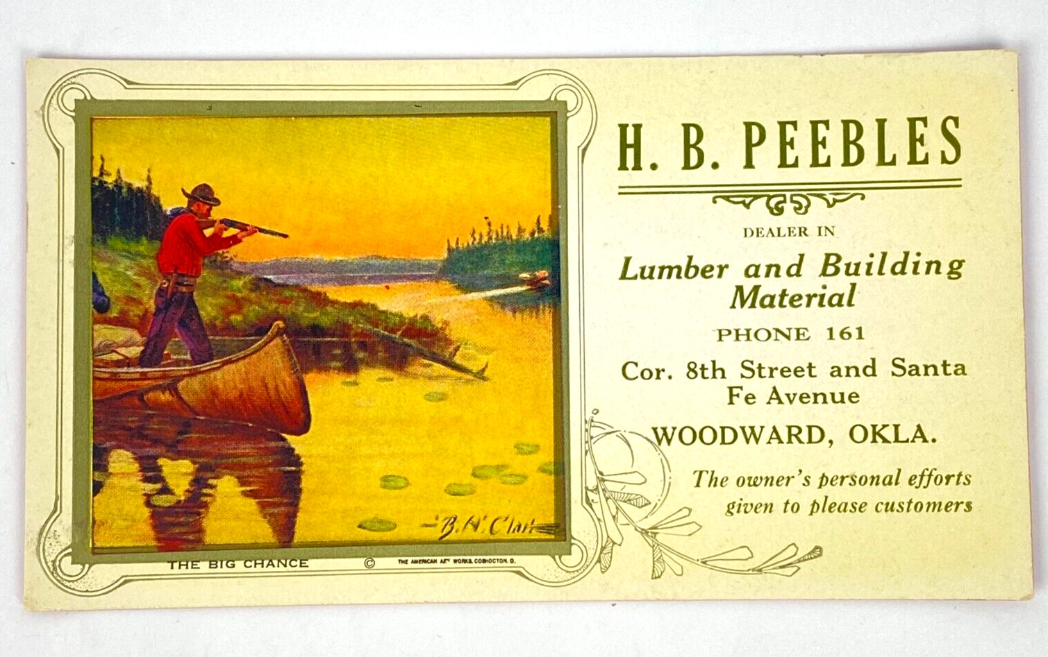 H. B. Peebles Lumber Trade Card Blotter Building Hunting Canoe Scene Woodward OK