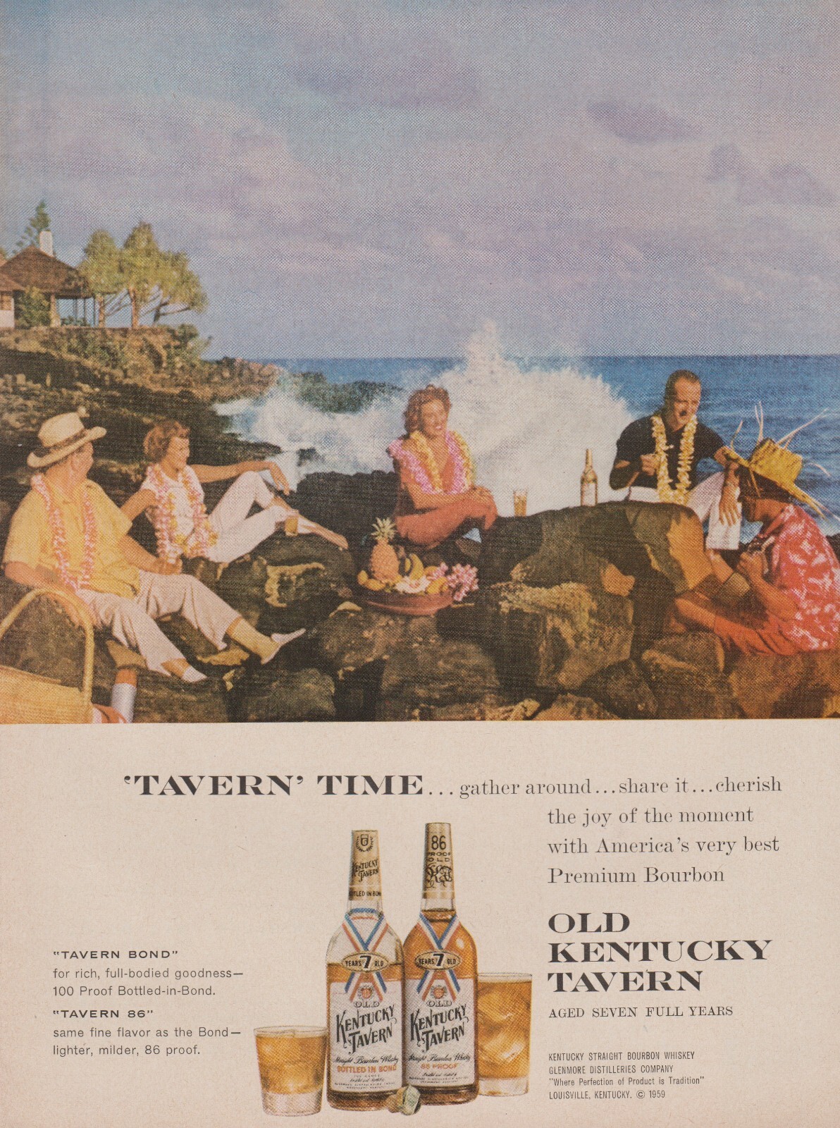 1959 Old Kentucky Tavern Bourbon – Ocean Couples Hawaiin Luau – Print Ad Photo