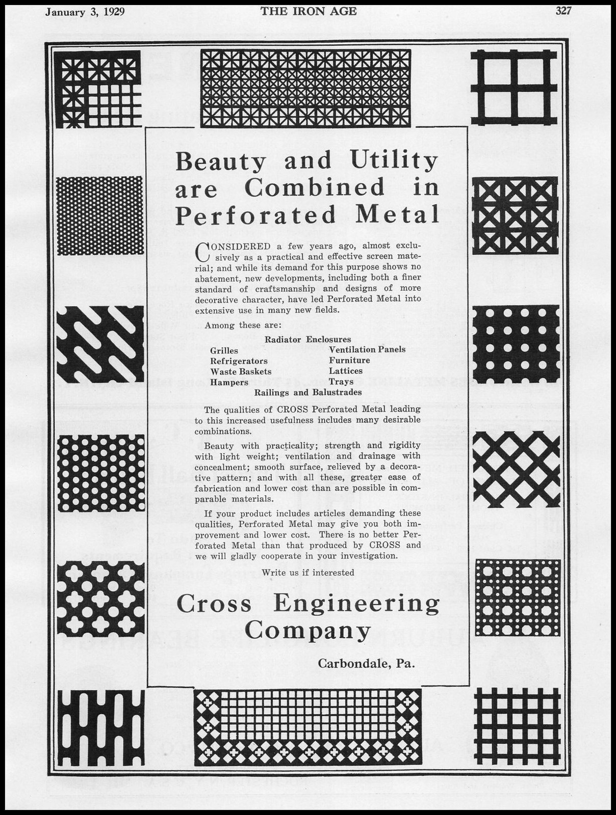 1929 Cross Engineering Co. Carbondale Pennsylvania Perforated Metals Print Ad