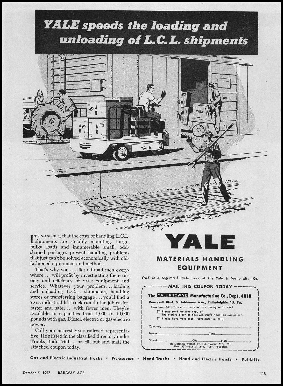 1952 Yale & Towne Co. Philadelphia Railroad Material Handling Equipment Print Ad