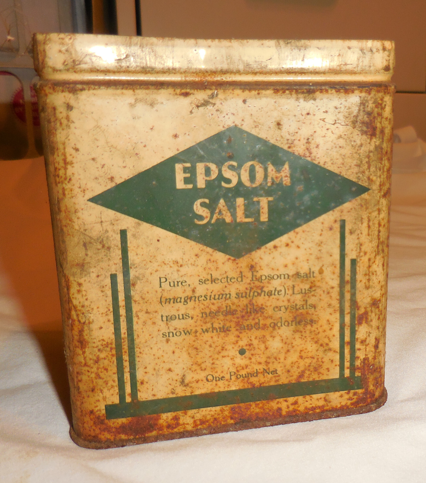 1 ad antique Epsom Salt Empty Tin Can no lid one pound net size VTG