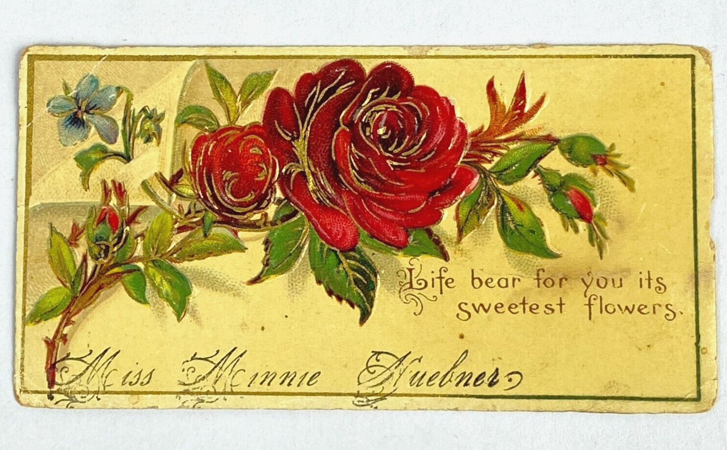 1880’s Vintage Calling Card Embossed Die Cut Roses Flowers Poem Minnie Huebner
