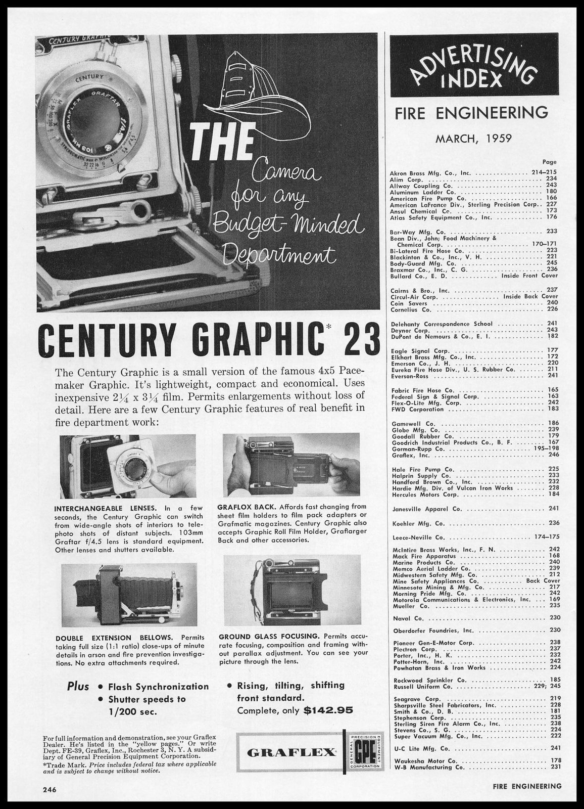 1959 Graflex Century Graphic 23 Fire Dept Camera Photos $142.95 Vintage Print Ad