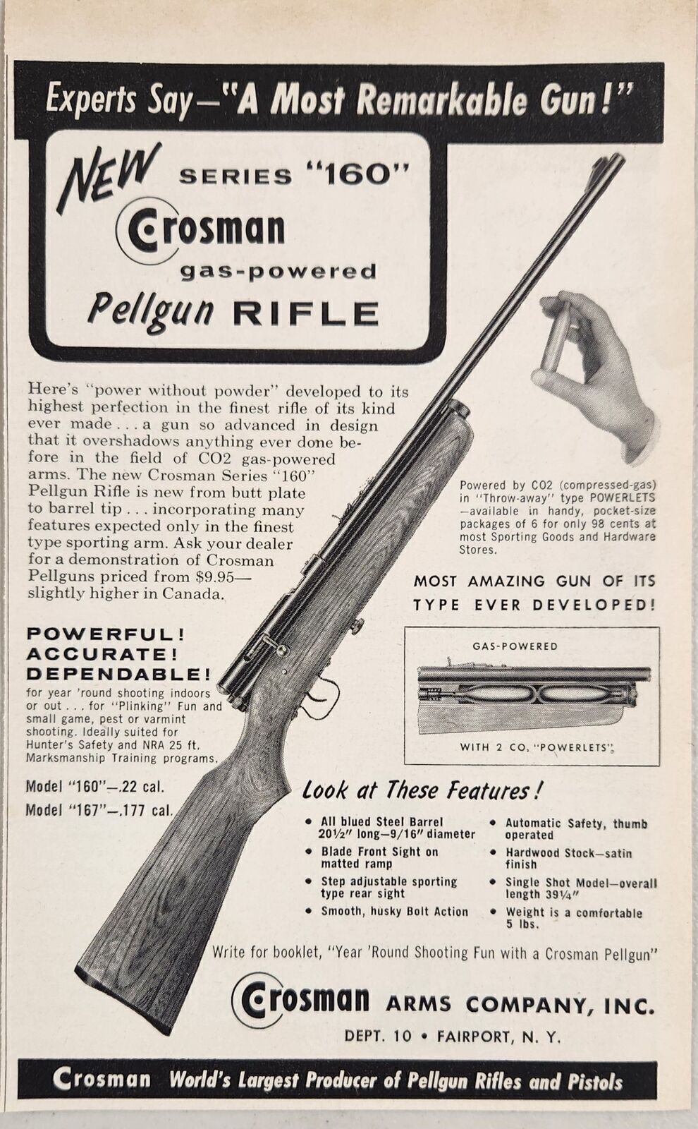 1955 Print Ad Crosman Series 160 Gas-Powered Pellgun Rifles Fairport,New York