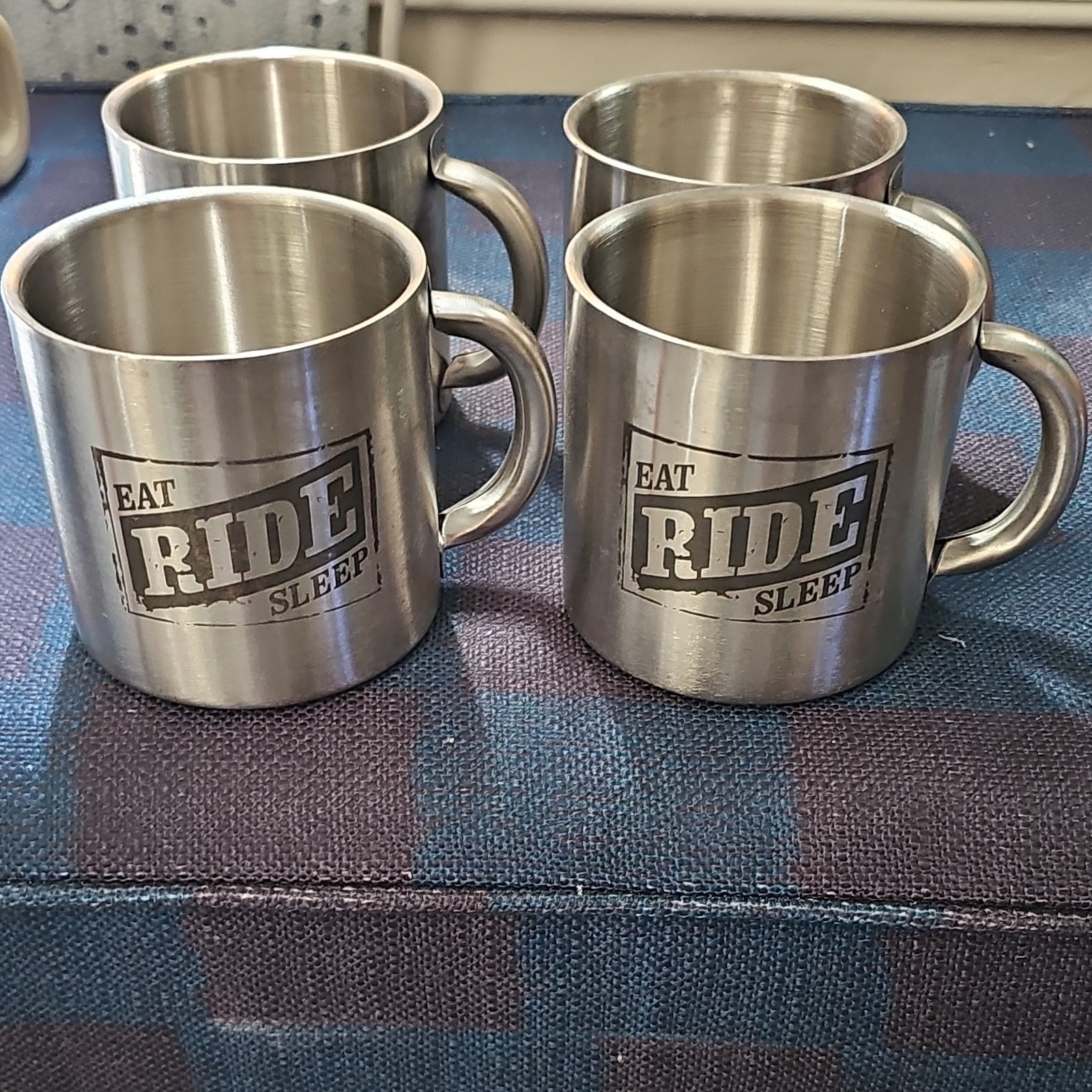 2 EAT RIDE SLEEP Stainless Steel Silver Coffee Mugs Cups 18-8 Vintage