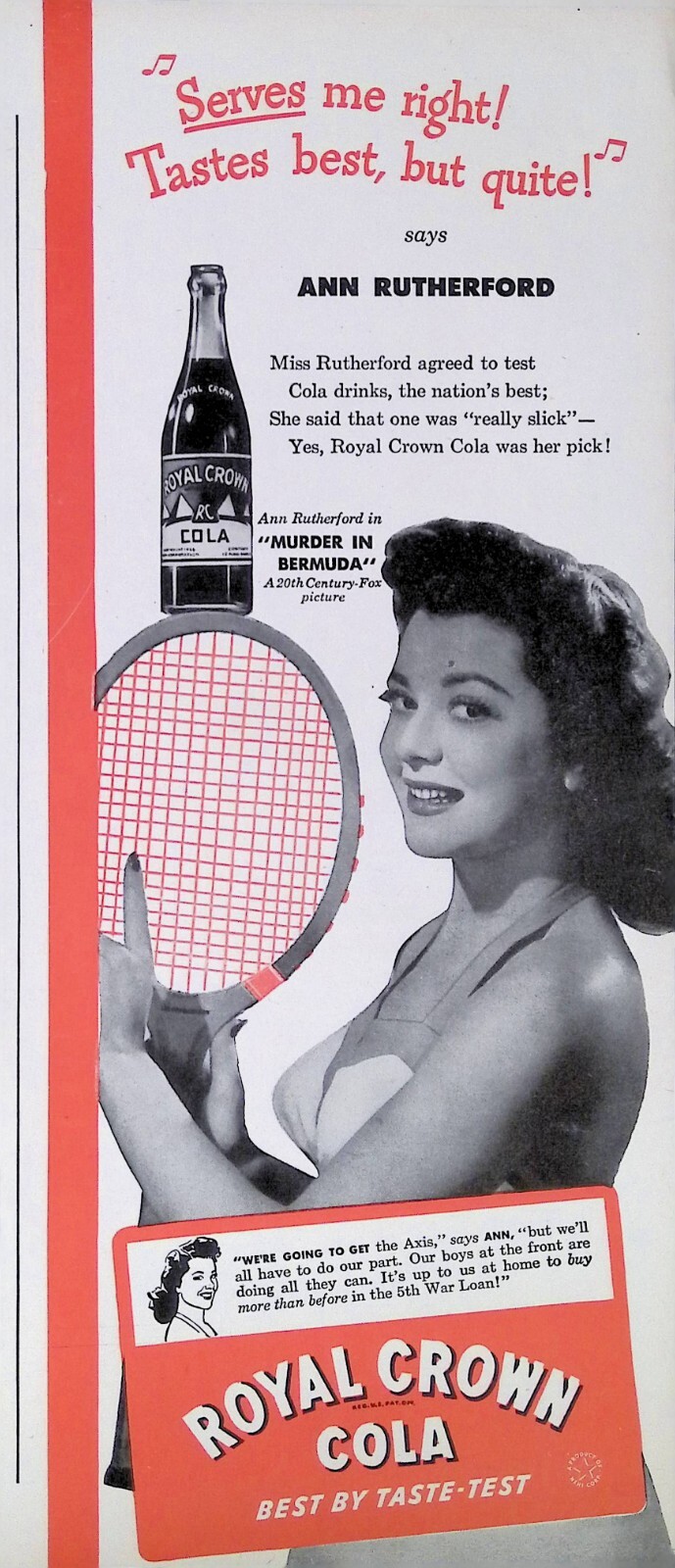 Vintage Print Ad 1940’s Royal Crown Cola Actor Ann Rutherford RC Murder Bermuda