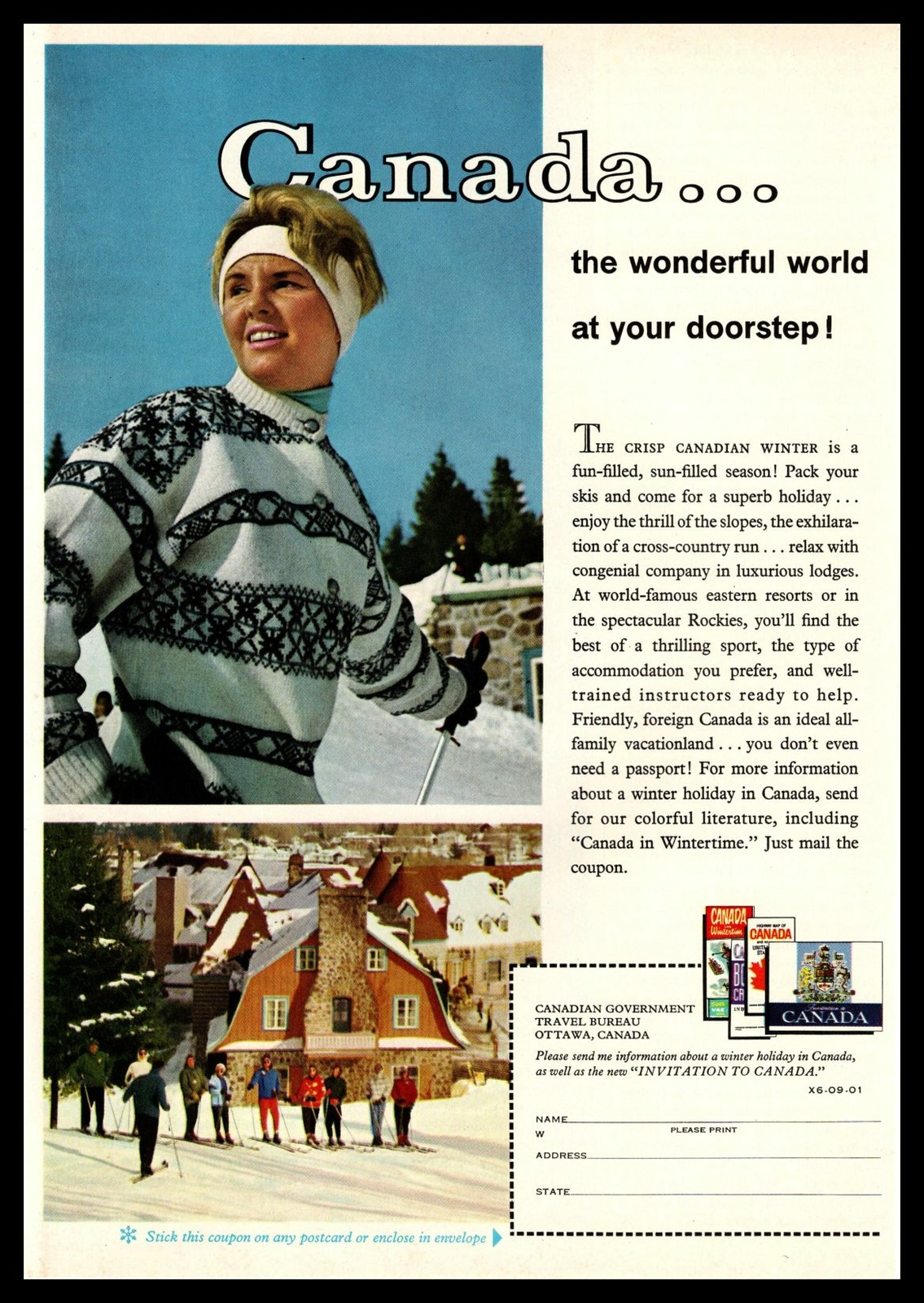 1961 Canadian Government Travel Bureau Ottawa Canada Ski Resort Vintage Print Ad