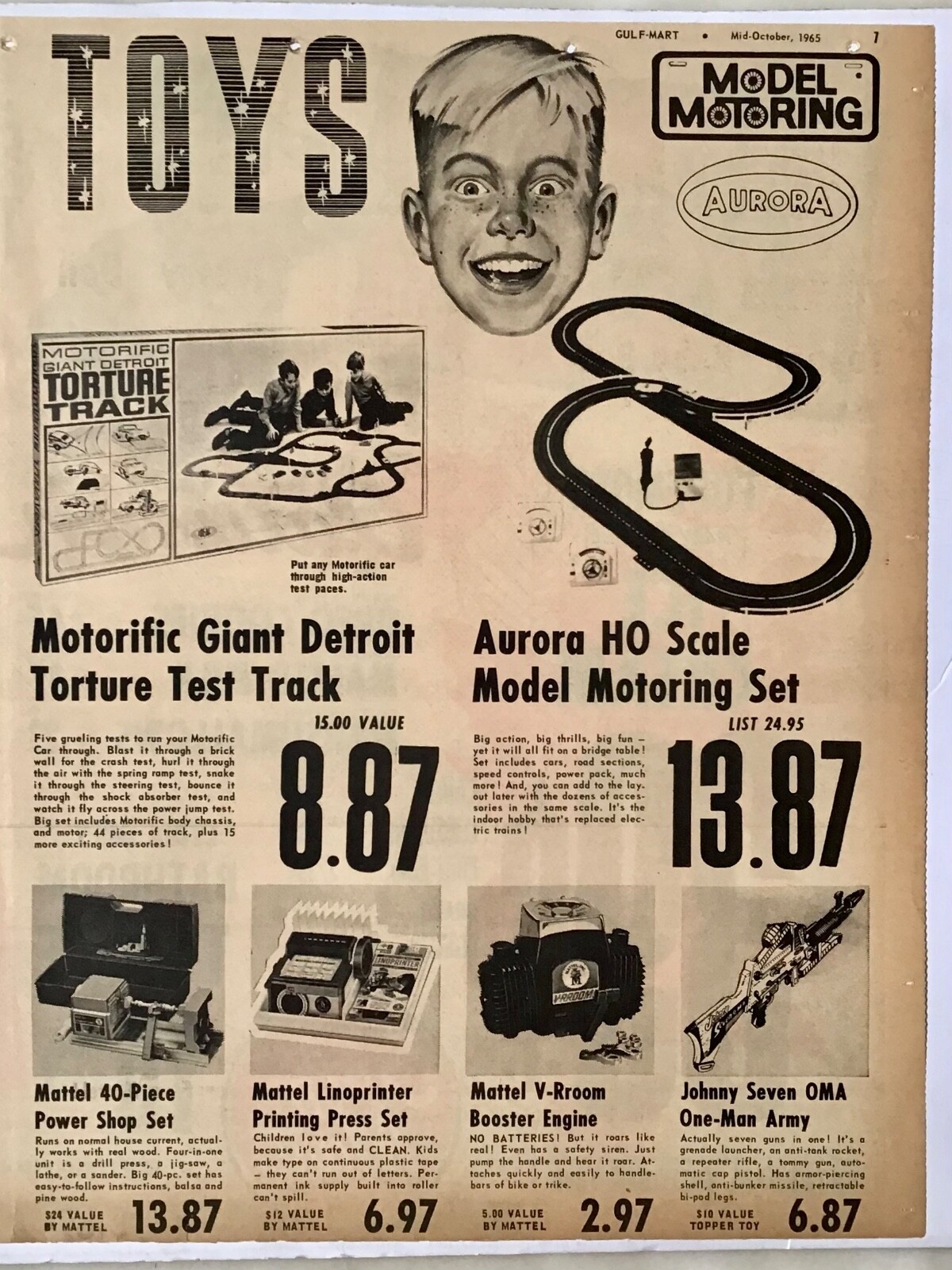 1965 newspaper Toy ad – Motorific Detroit Torture Test Track, V-Room Booster Eng