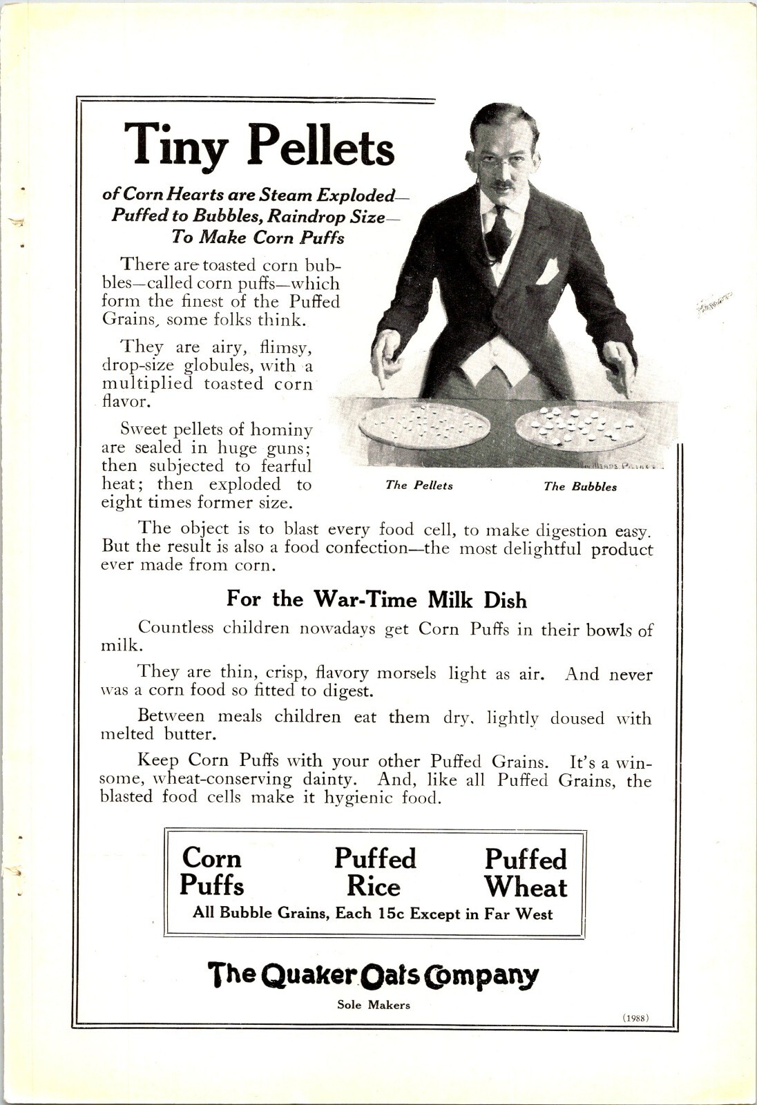 3 Print Ads 1918 Quaker Oats Puffed Rice Corn Hearts Wheat Pellets Bubbles