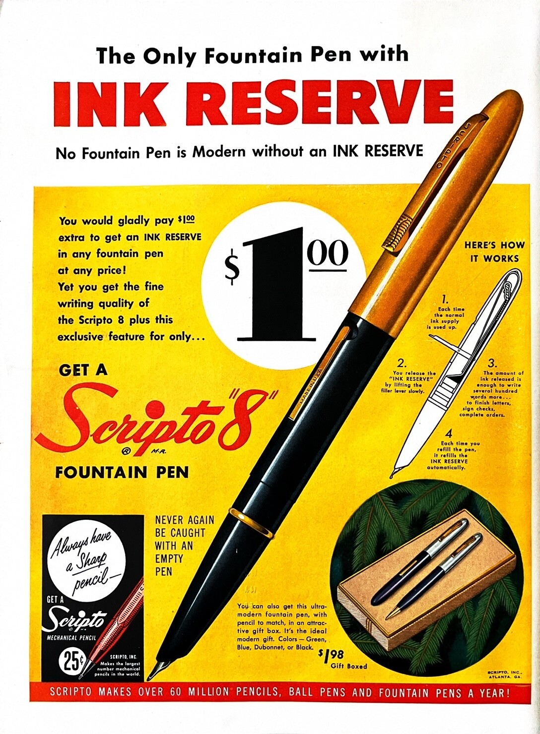 1951 SCRIPTO 8 FOUNTAIN PEN Large Vintage Print Ad Writing INstrument