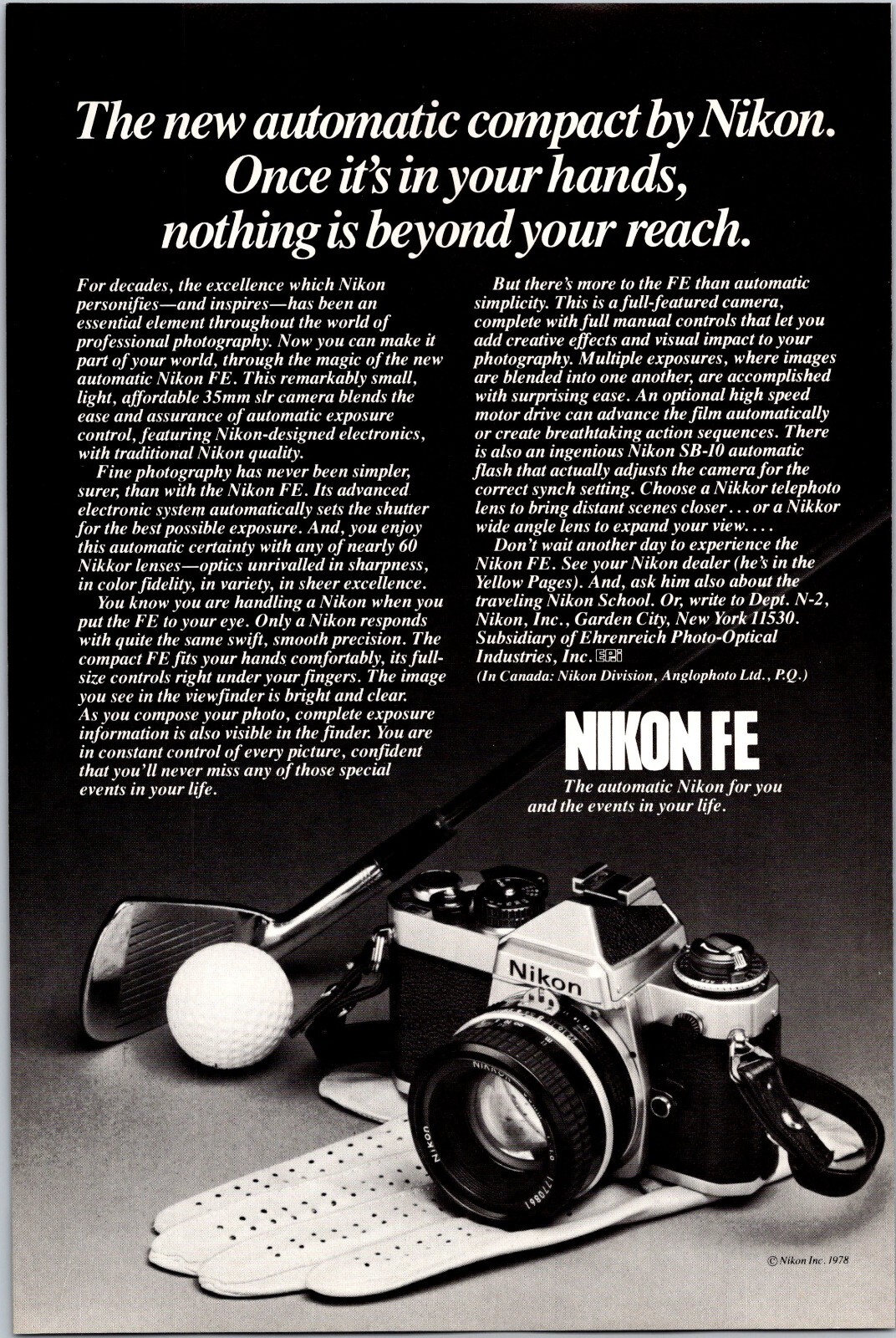 PRINT AD 1979 Nikon FE Automatic Compact 35 mm SLR Camera 6.75 x 10