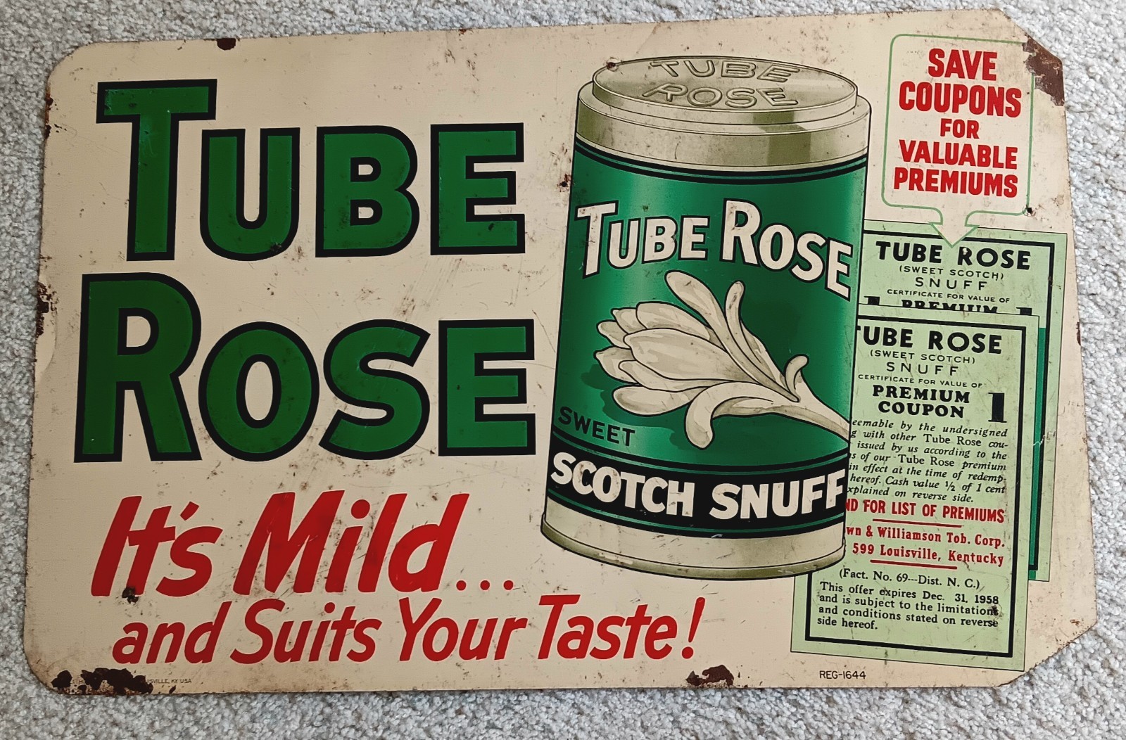 TUBE ROSE SCOTCH SNUFF ADVERTISING METAL SIGN – 27 5/8″ x 17 3/4″