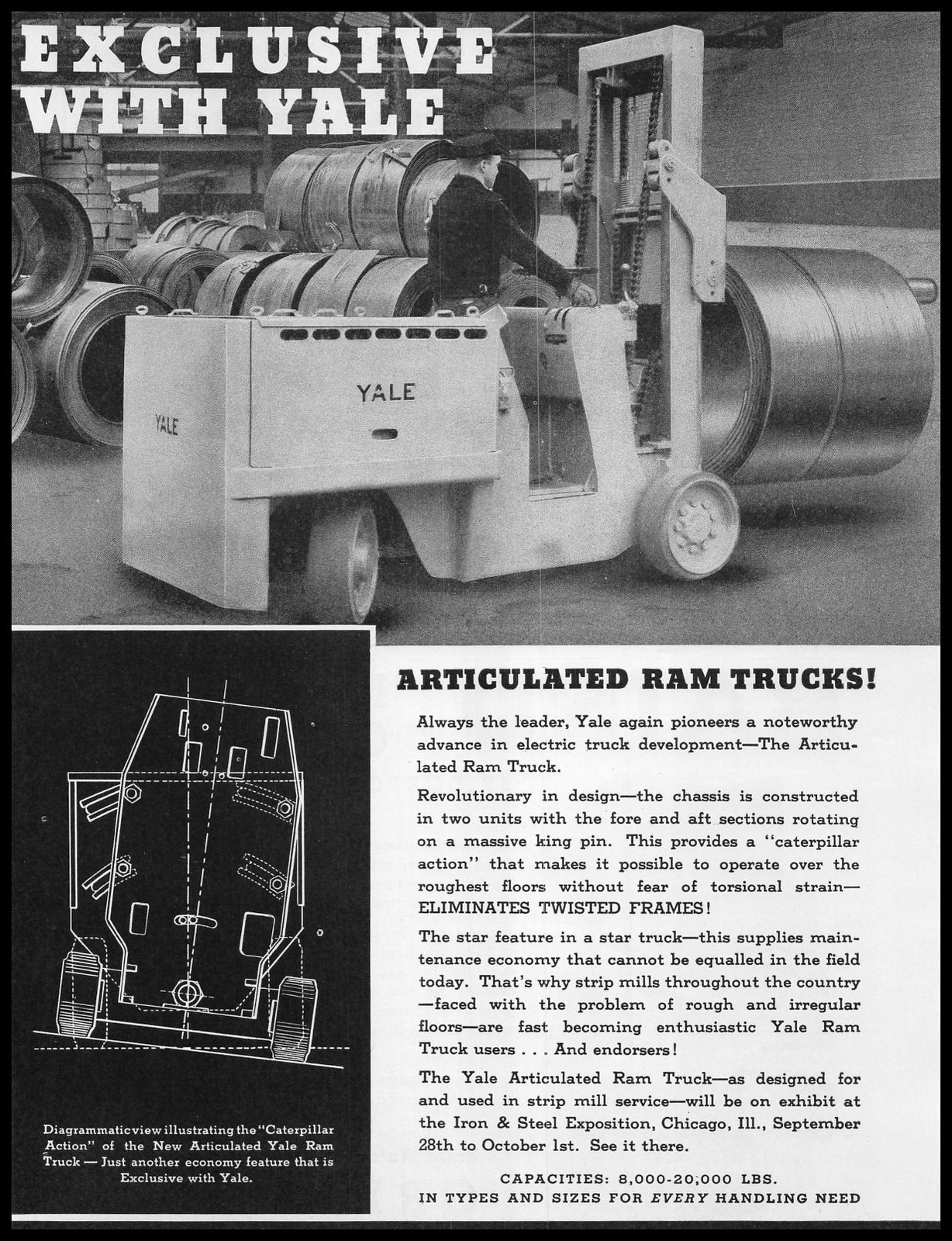 1937 Yale Articulated Ram Truck Photo & Caterpillar Action Diagram Print Ad