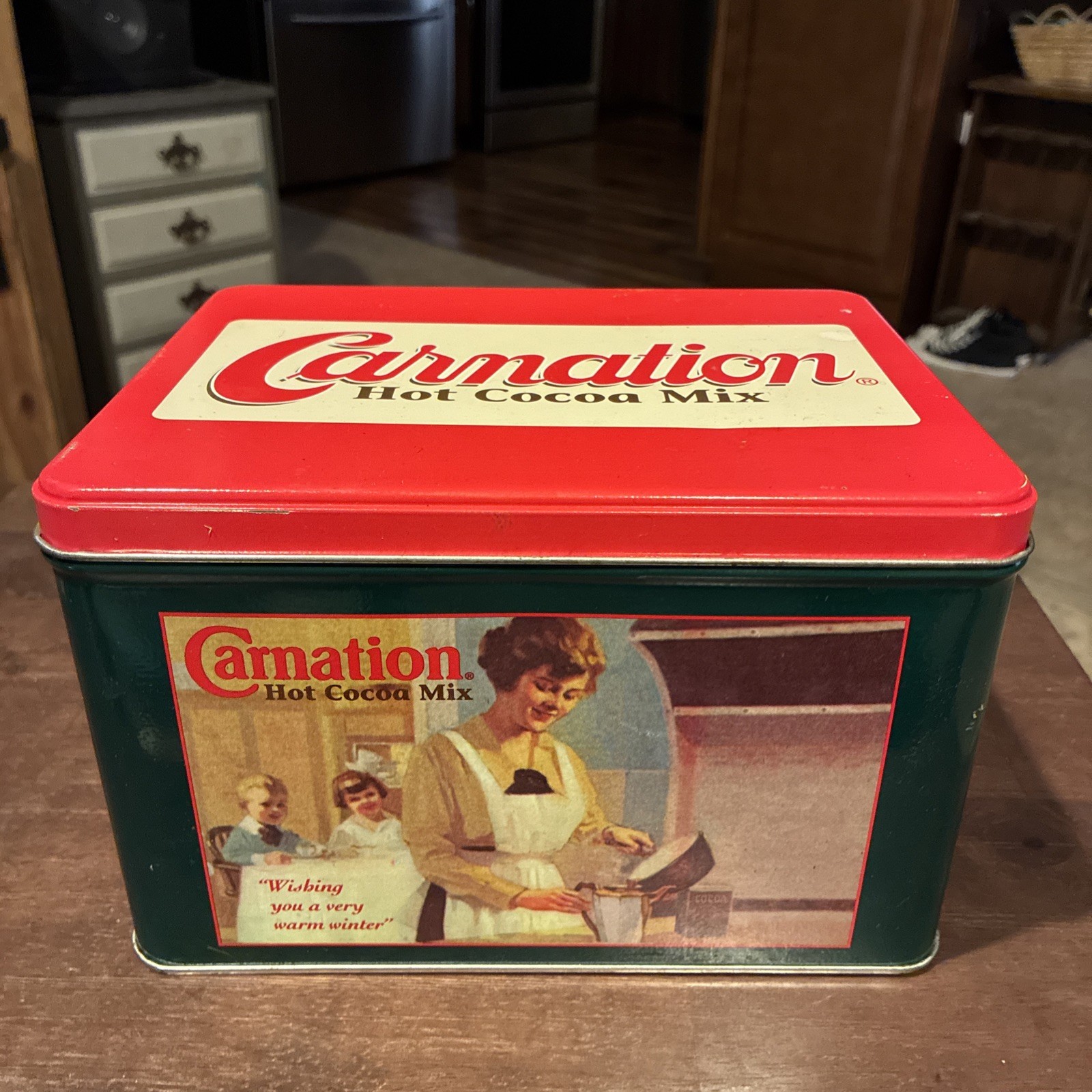 Green Carnation Hot Cocoa Mix Winter Tin Container Box Red Lid 8″ x 6″ x 5″