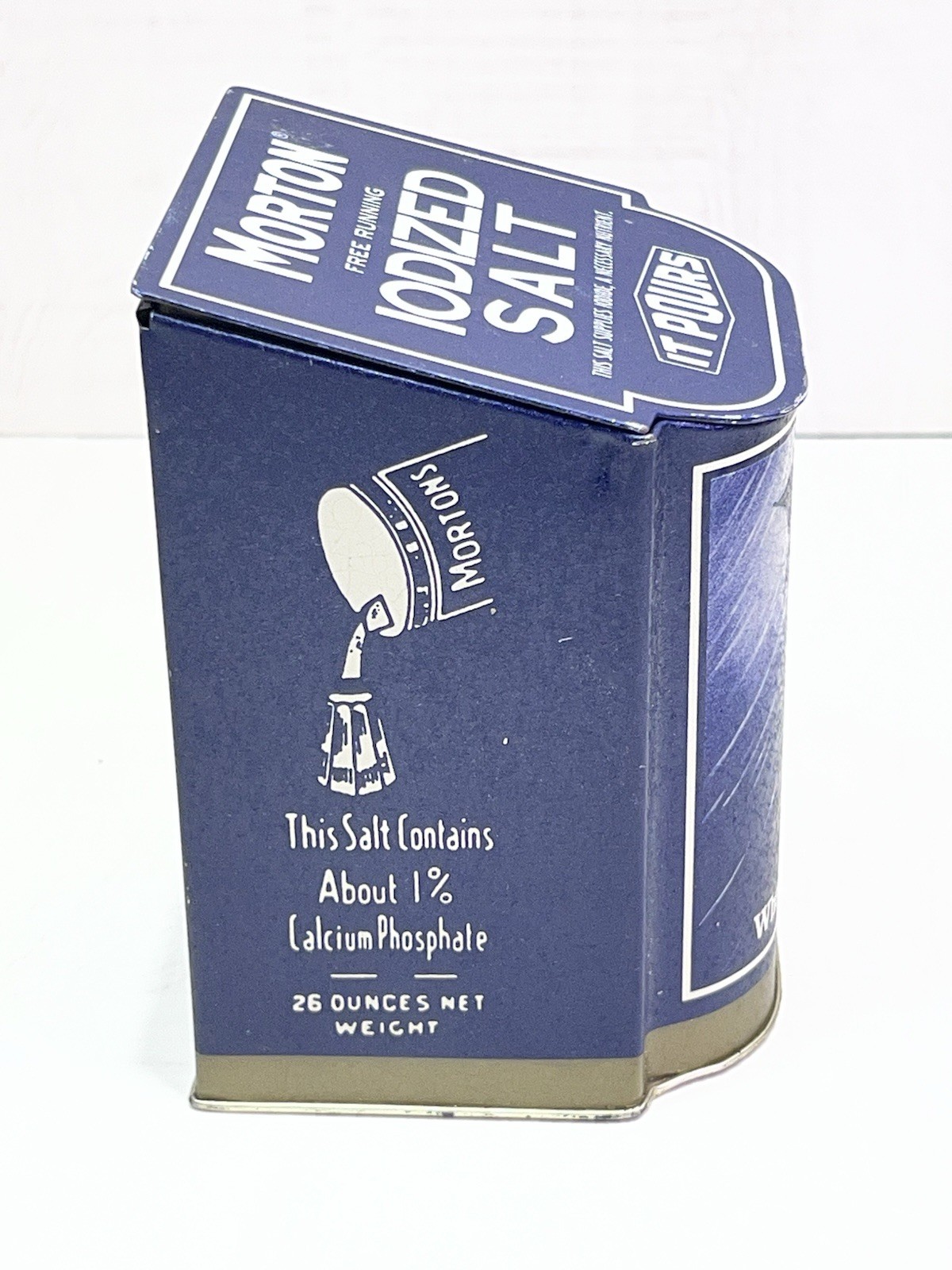 Morton Iodized Salt Metal Tin With Hinged Lid 5.5″ tall “1921” Reproduction