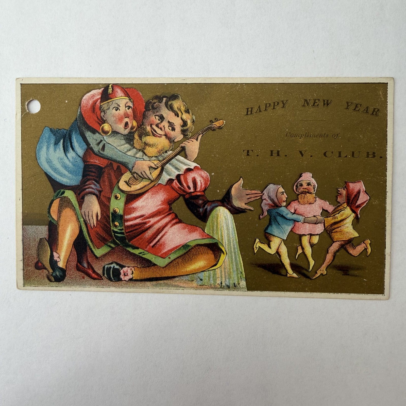 T.H.V. Club Happy New Year Jester Lute Player Dancing Gnomes Trade Card