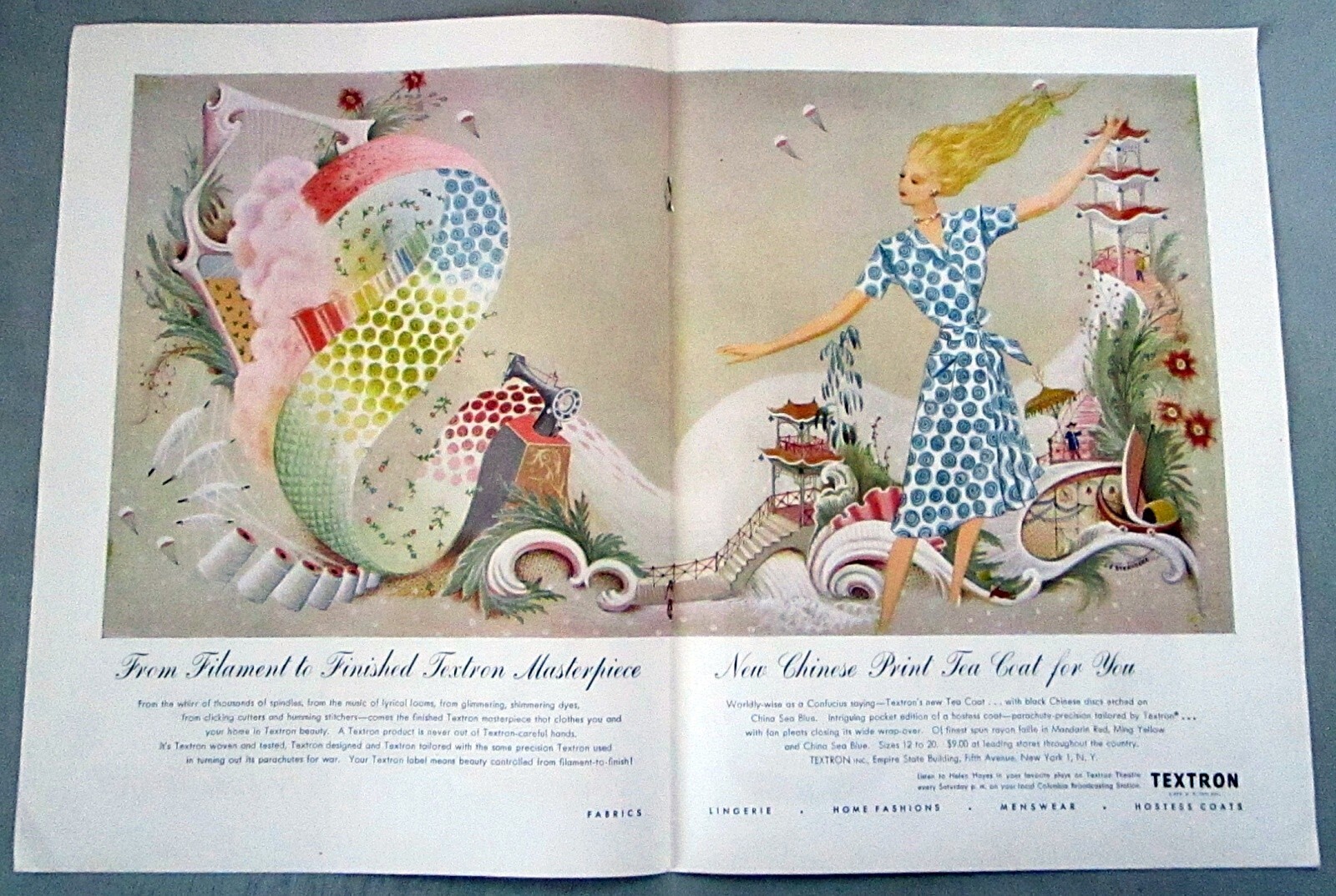 1946 Textron Women’s Fashion Dress Original Centerfold Artwork Color Print Ad
