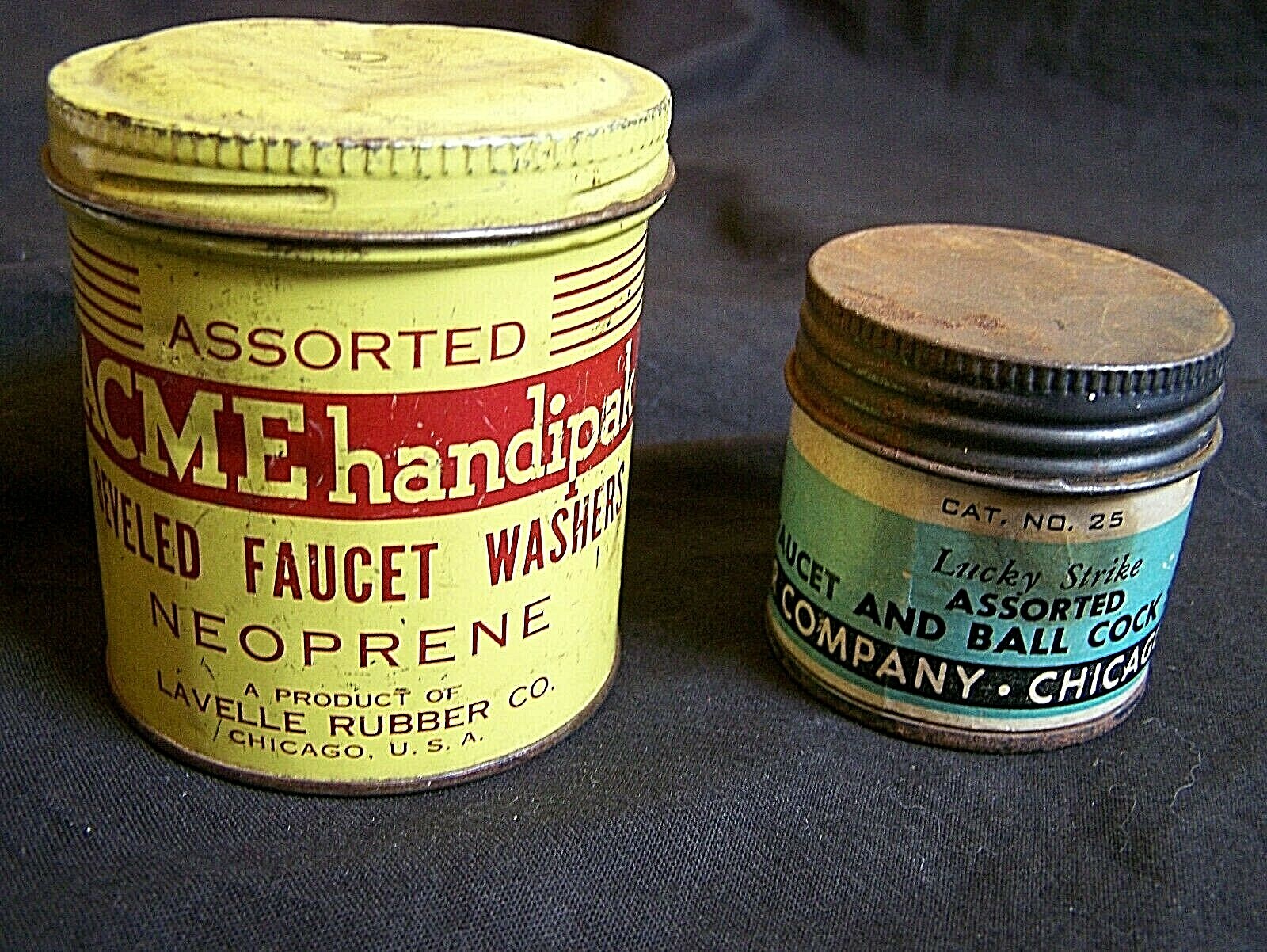 2 ADVERTISING TINS~LAVELLE RUBBER CO~CHICAGO~FAUCET WASHERS & BALL COCK SCREWS