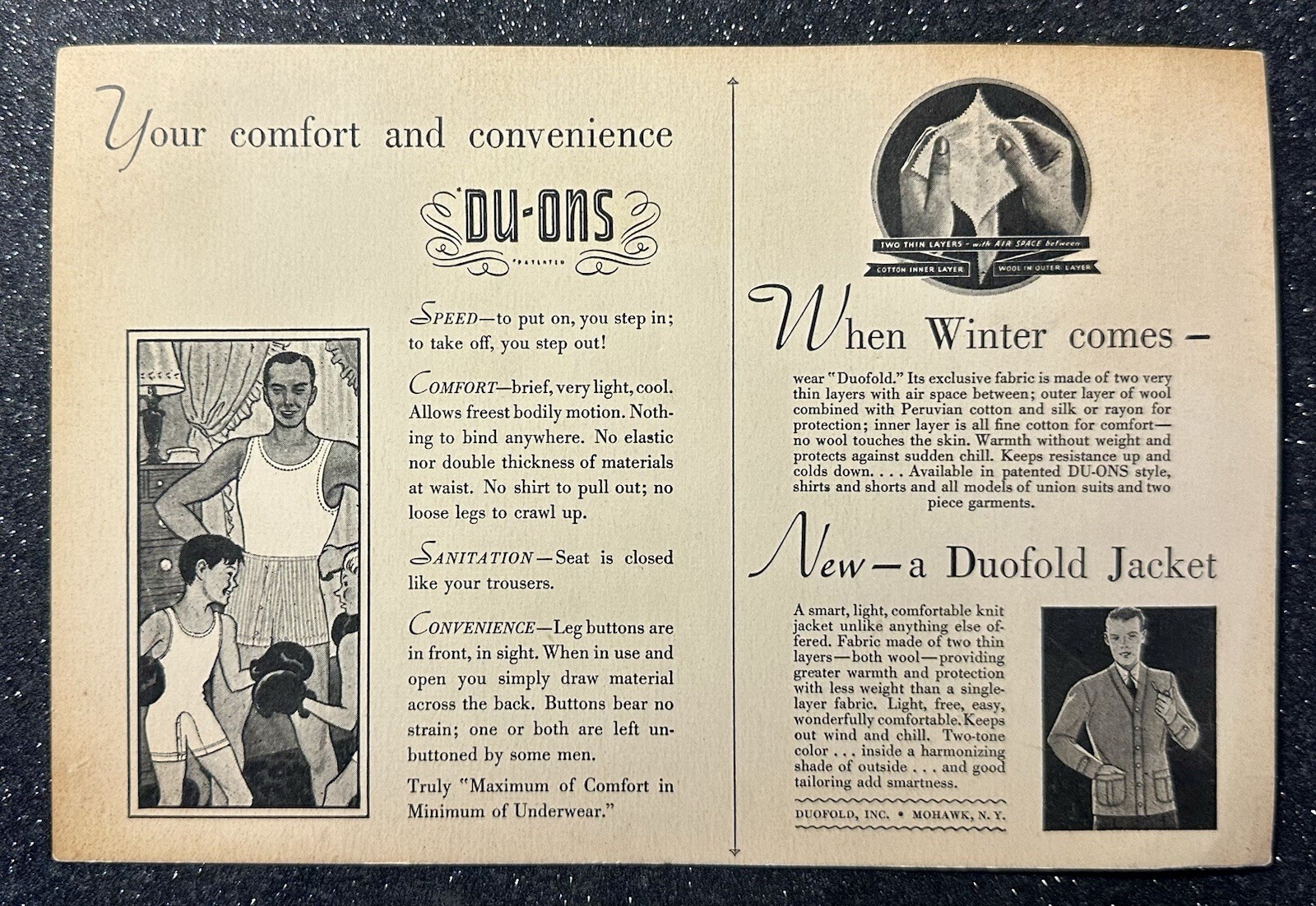 1940s Advertising Card for Du-Ons Men’s and Boys’ Underwear / 9″ x 6″ Cardstock