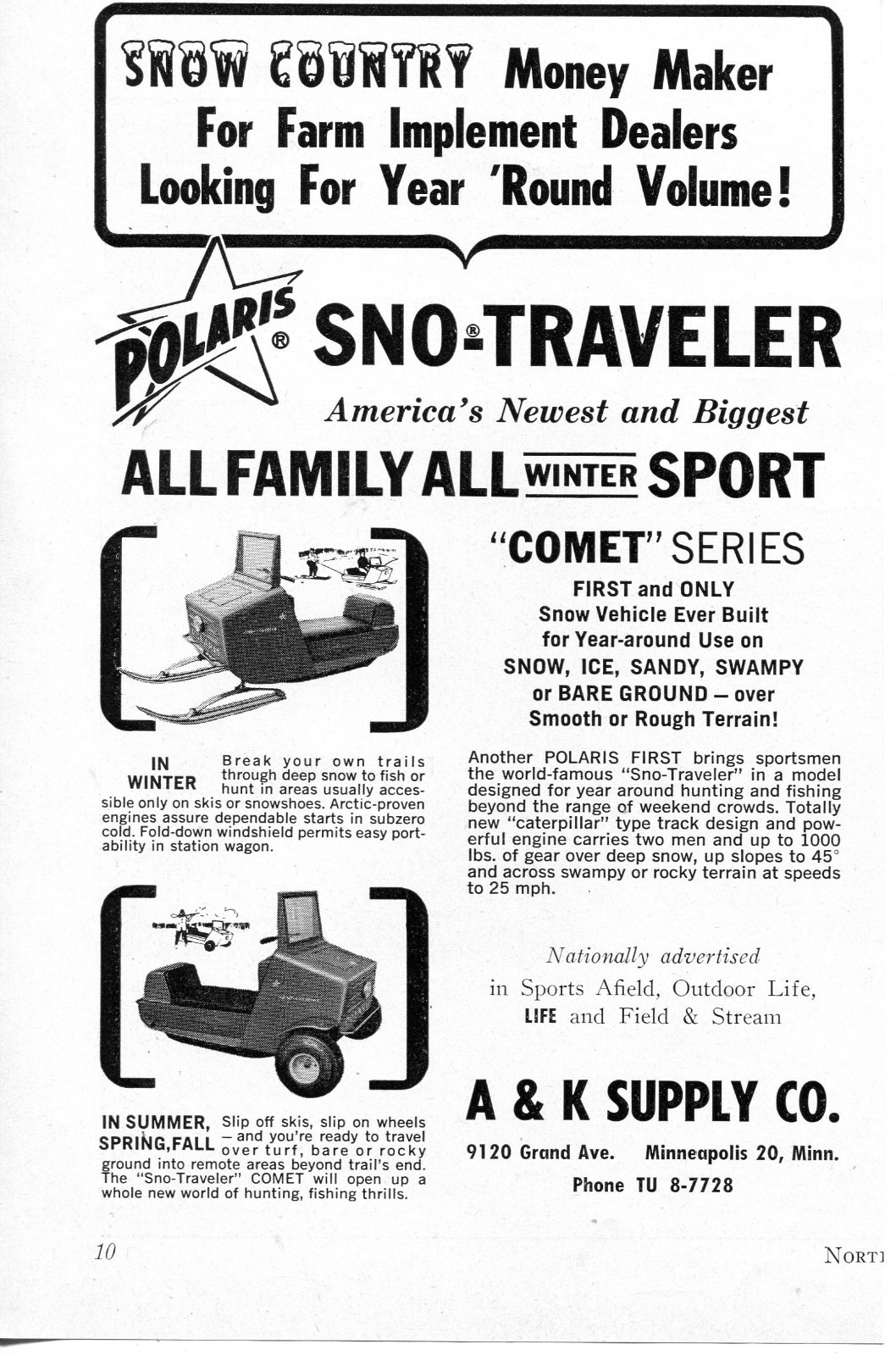 1963 small Print Ad of A&K Supply Co Polaris Sno-Traveler Comet Snowmobile