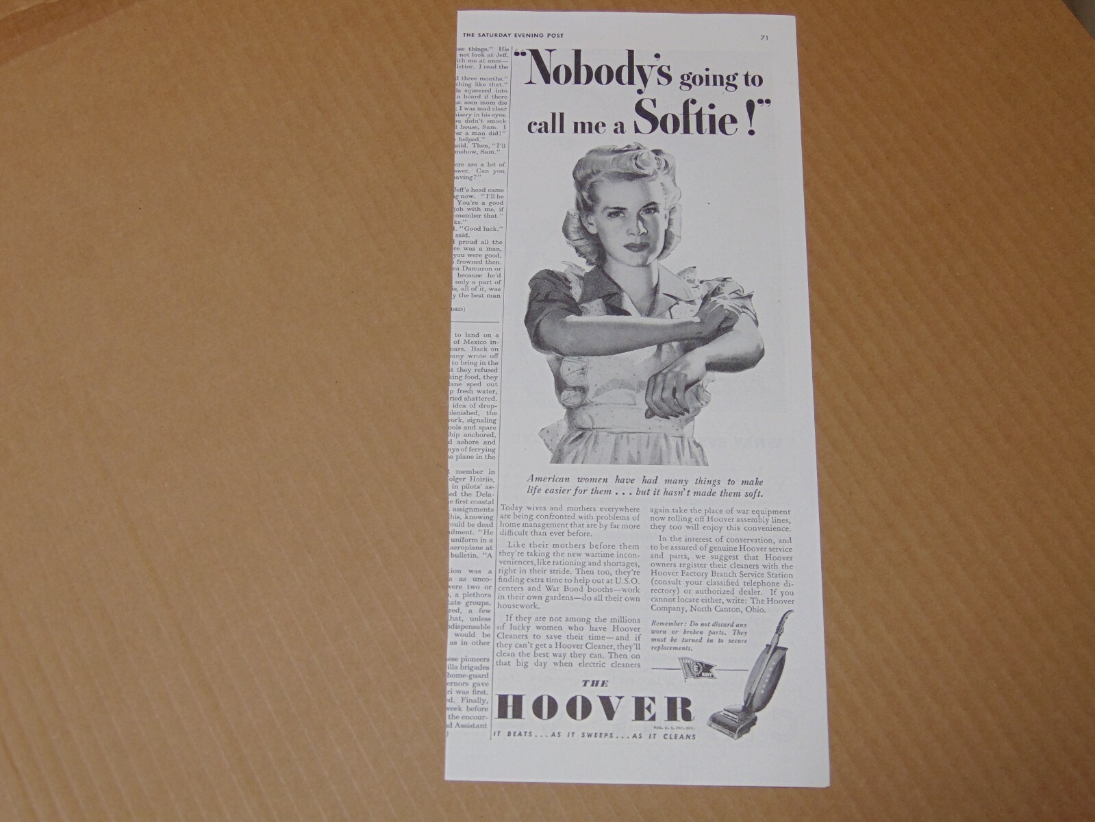 1943 WOMAN Not A SOFTIE HOOVER CLEANER Vintage Art print ad
