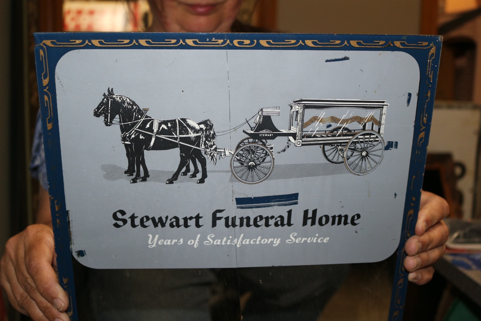 Early 1900’s Stewart Funeral Home Horse Drawn Hearse 22″ Mirror Thermometer Sign