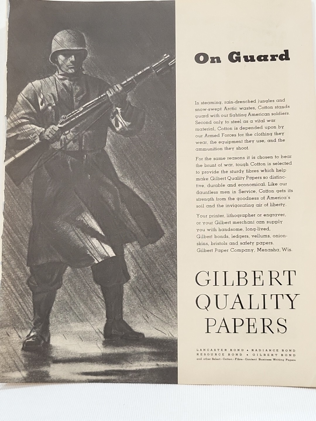 1943 Gilbert Quality Papers Fortune WW2 Print Ad On Guard Army Soldier Rifle