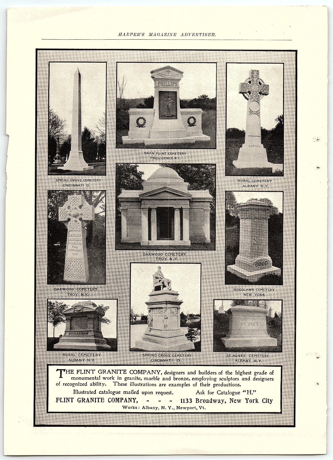 1905 FLINT GRANITE COMPANY CEMETERY GRAVESTONES NEWPORT VERMONT PRINT AD Z6212