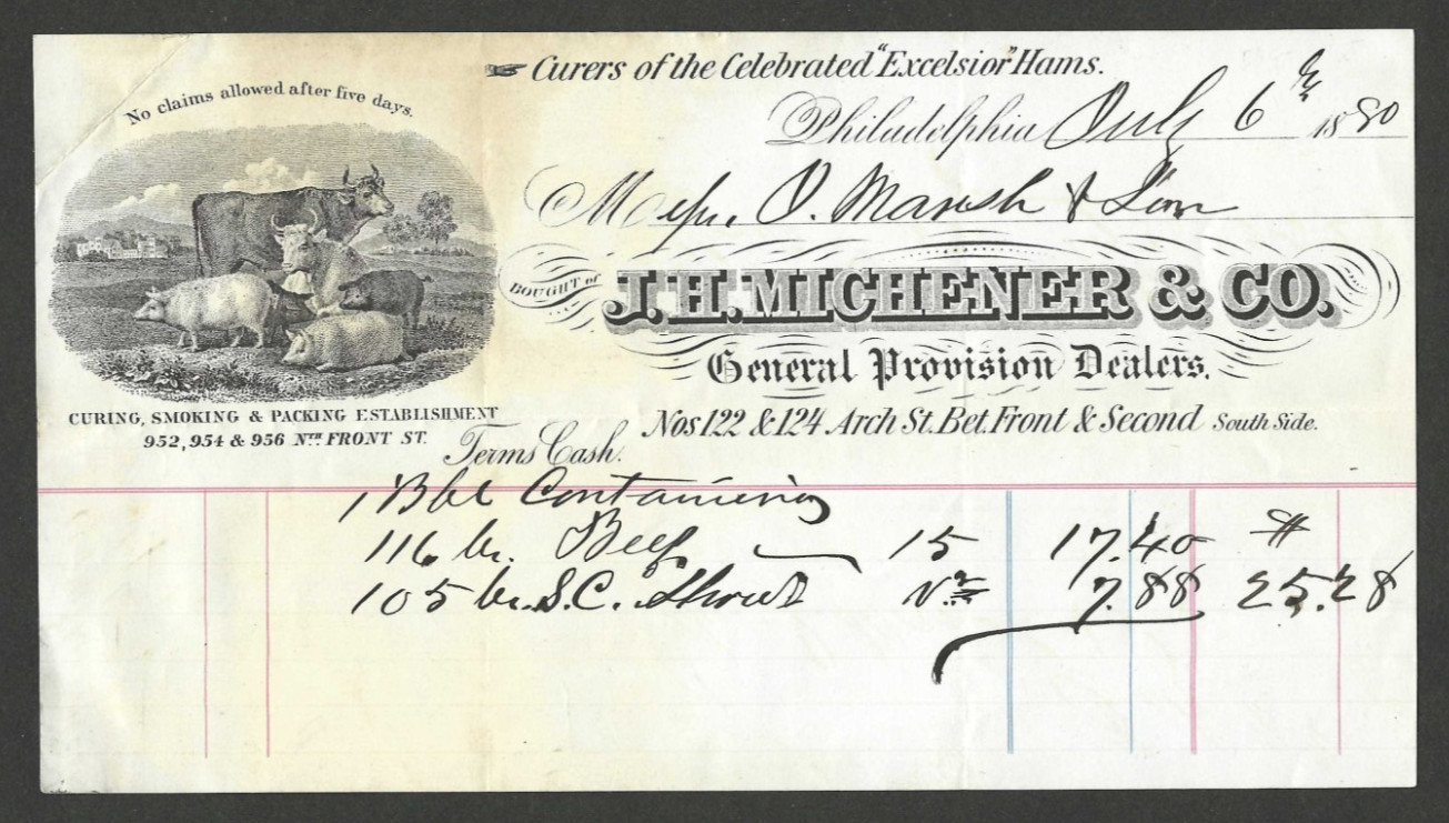 1880 Advertising Invoice Billhead JH Michener General Provisions Philadelphia PA