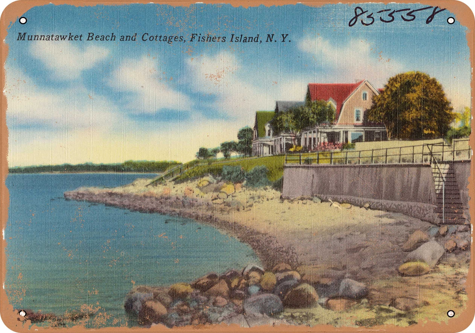 METAL SIGN – New York Postcard – Munnatawket Beach and cottages, Fishers Island