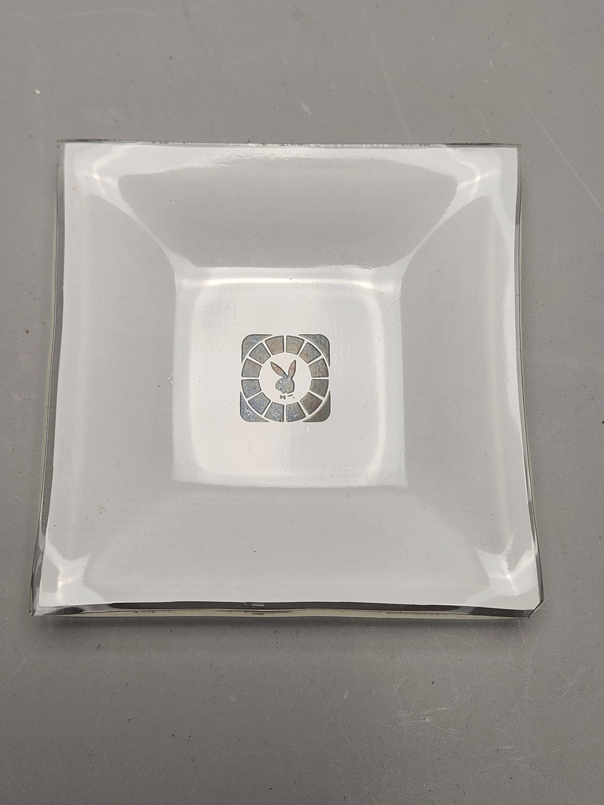 Vintage Playboy Bunny Logo Glass Ashtray Trinket Dish Square Clear White Black
