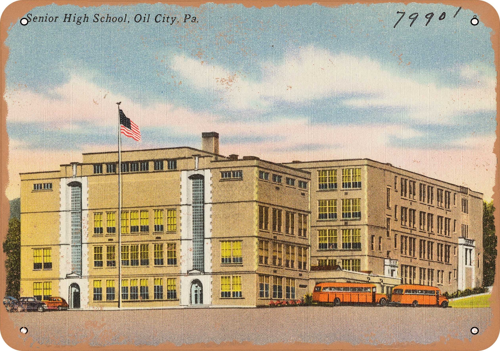 METAL SIGN – Pennsylvania Postcard – Senior High School, Oil City, Pa.