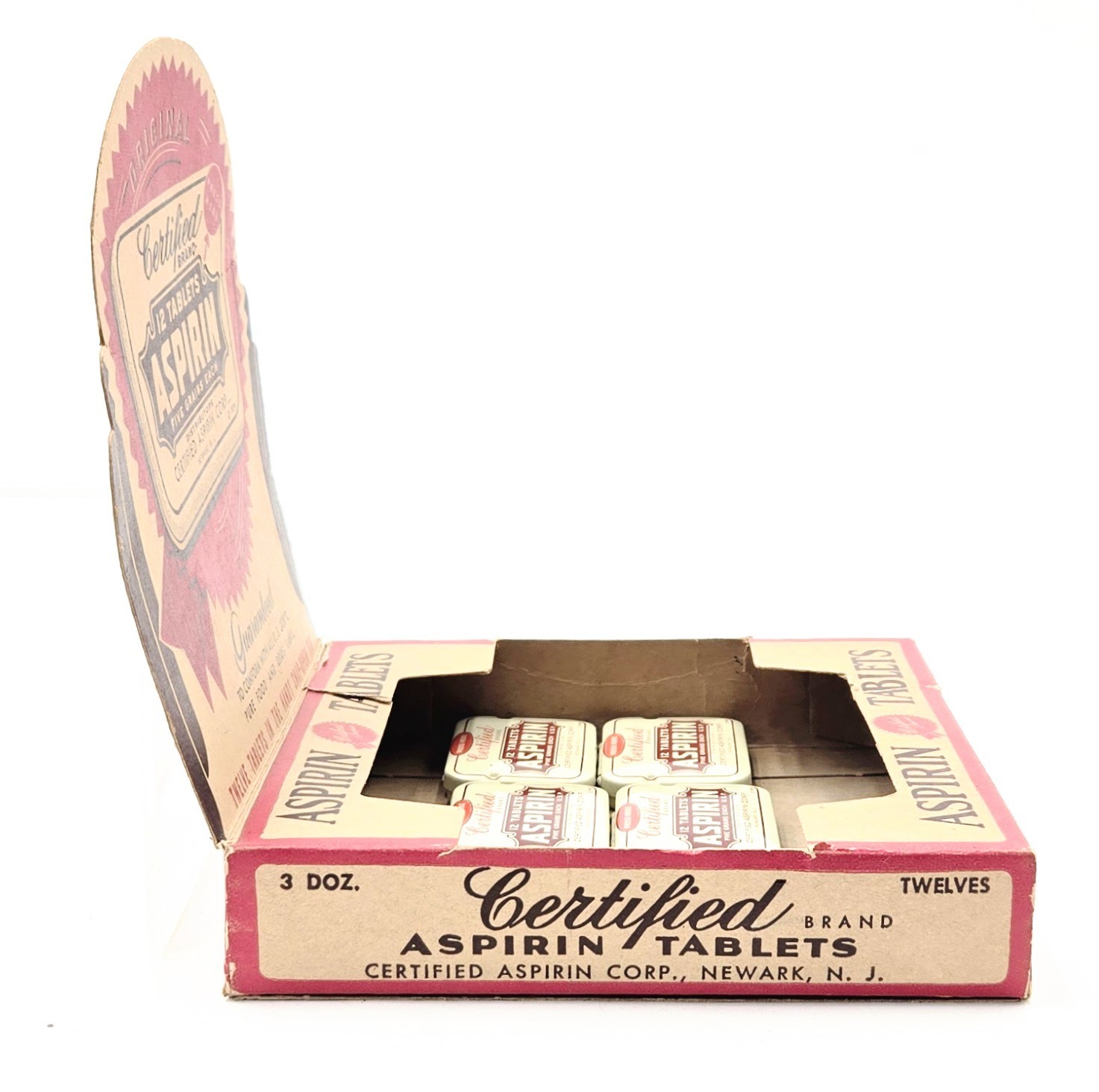 Vtg 1939 Certified Brand Aspirin Counter Display Box Cardboard Sign & 6 Tins