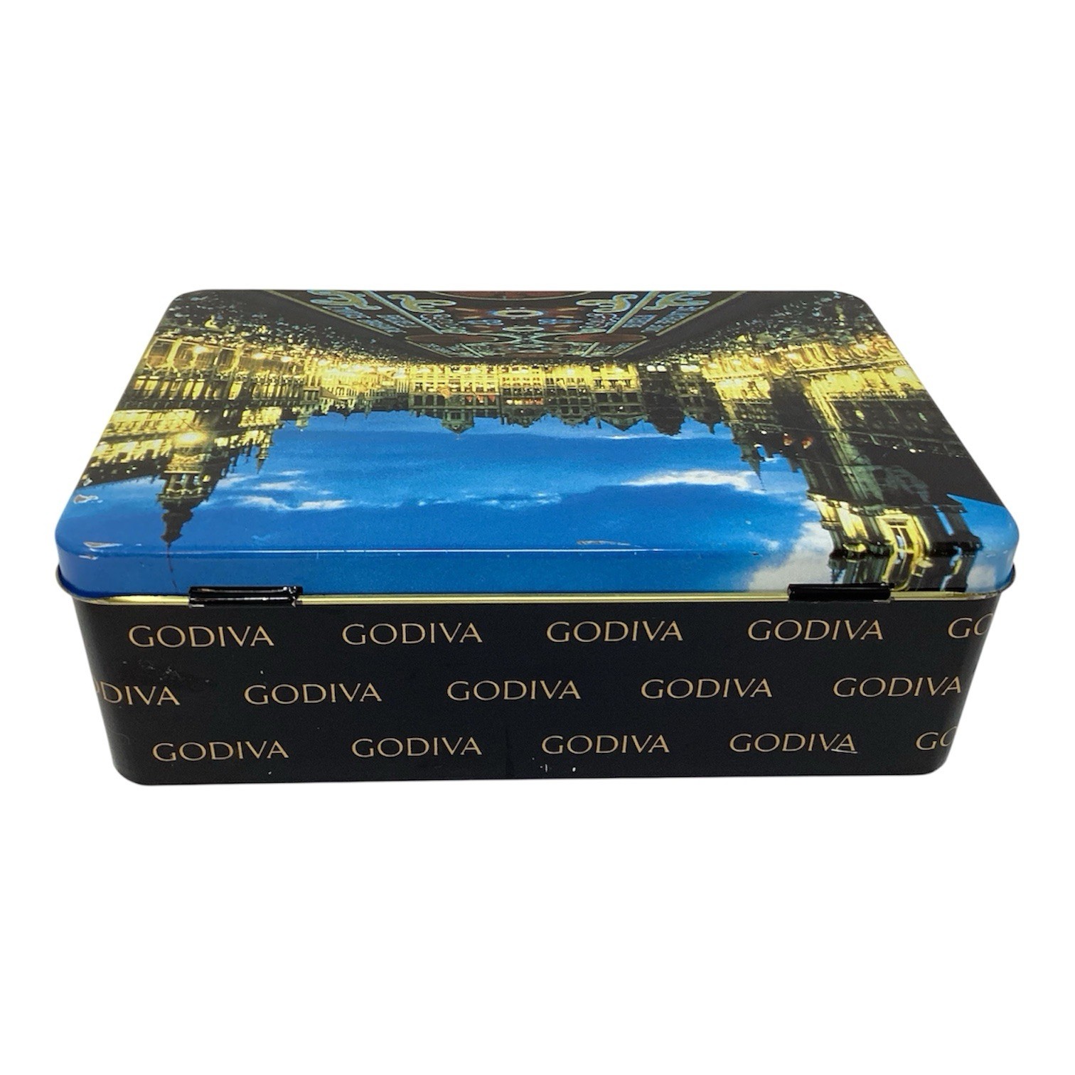 Godiva Tin Box Grand-Place Flower Carpet Brussels Belgium Metal Hinged 7” x 5”