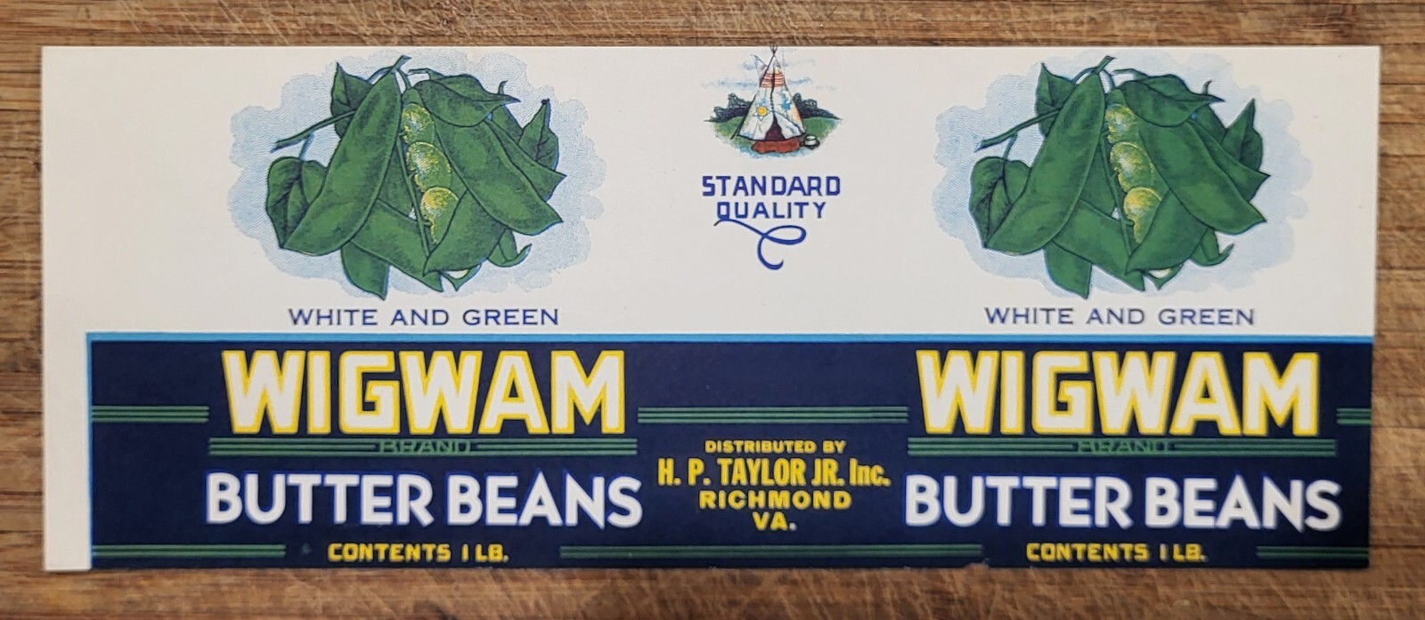ADVERTISING Label Can Wigwam Butter Beans Taylor Richmond Virginia