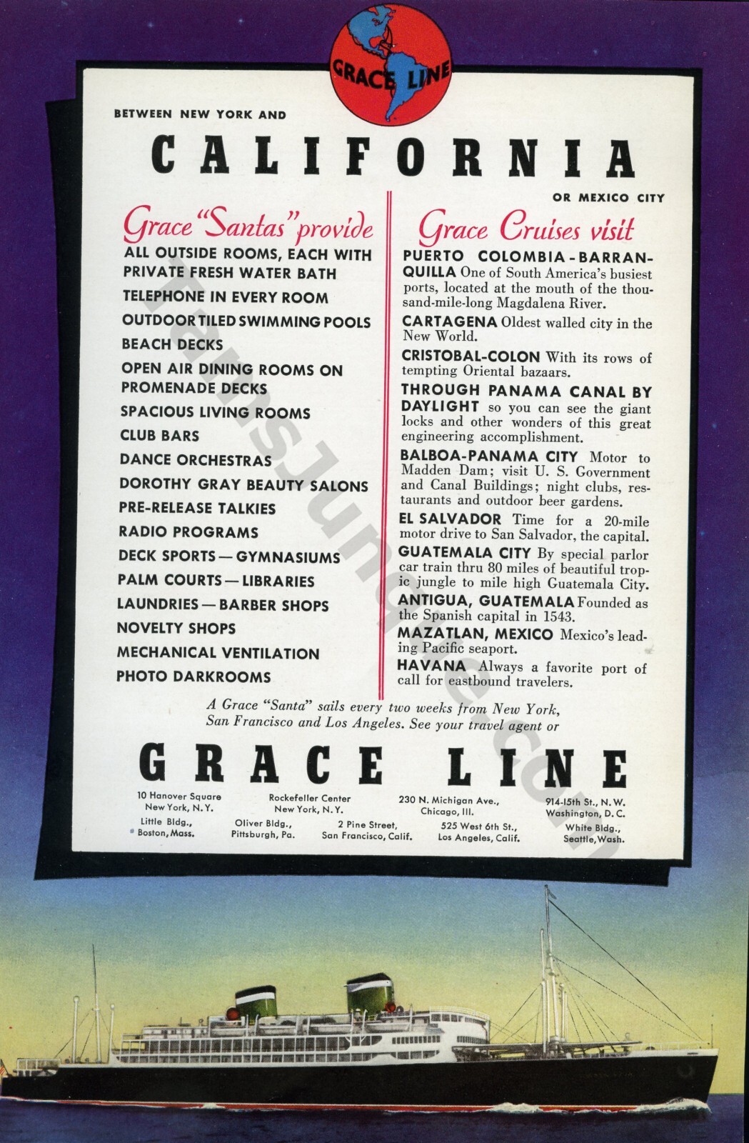 1937 Grace Line Cruises Santas Old PRINT AD Great Wall Decor! (1690)