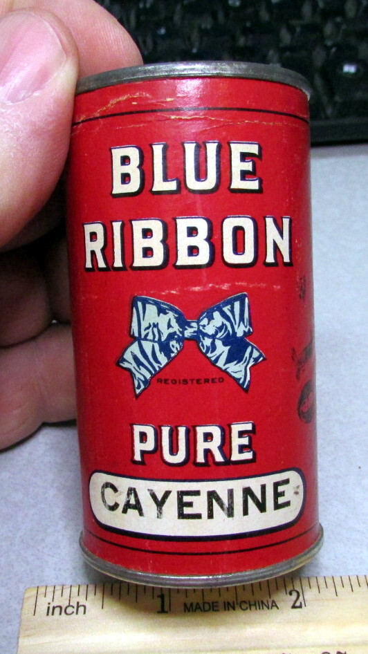 VINTAGE RARE Blue Ribbon Pure Cayenne mostly full 1.5 oz spice container tin