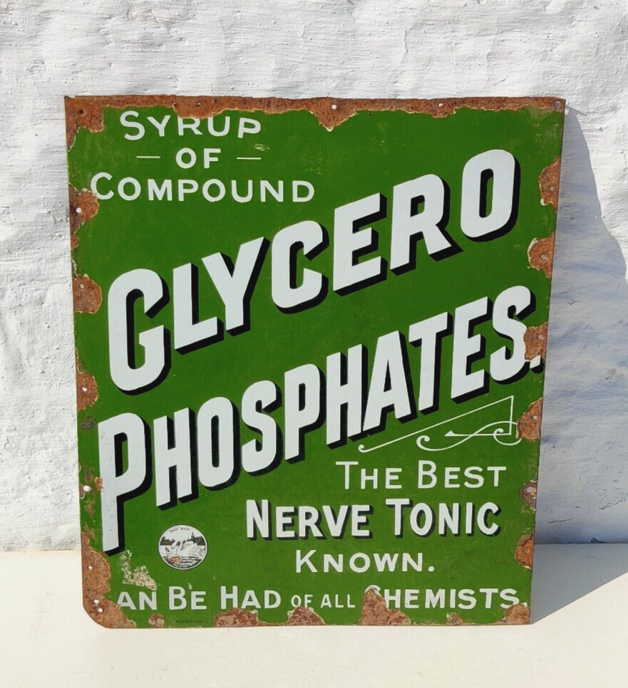 1940s Vintage Glycero Phosphates Nerve Tonic Advertising Enamel Sign Board EB358