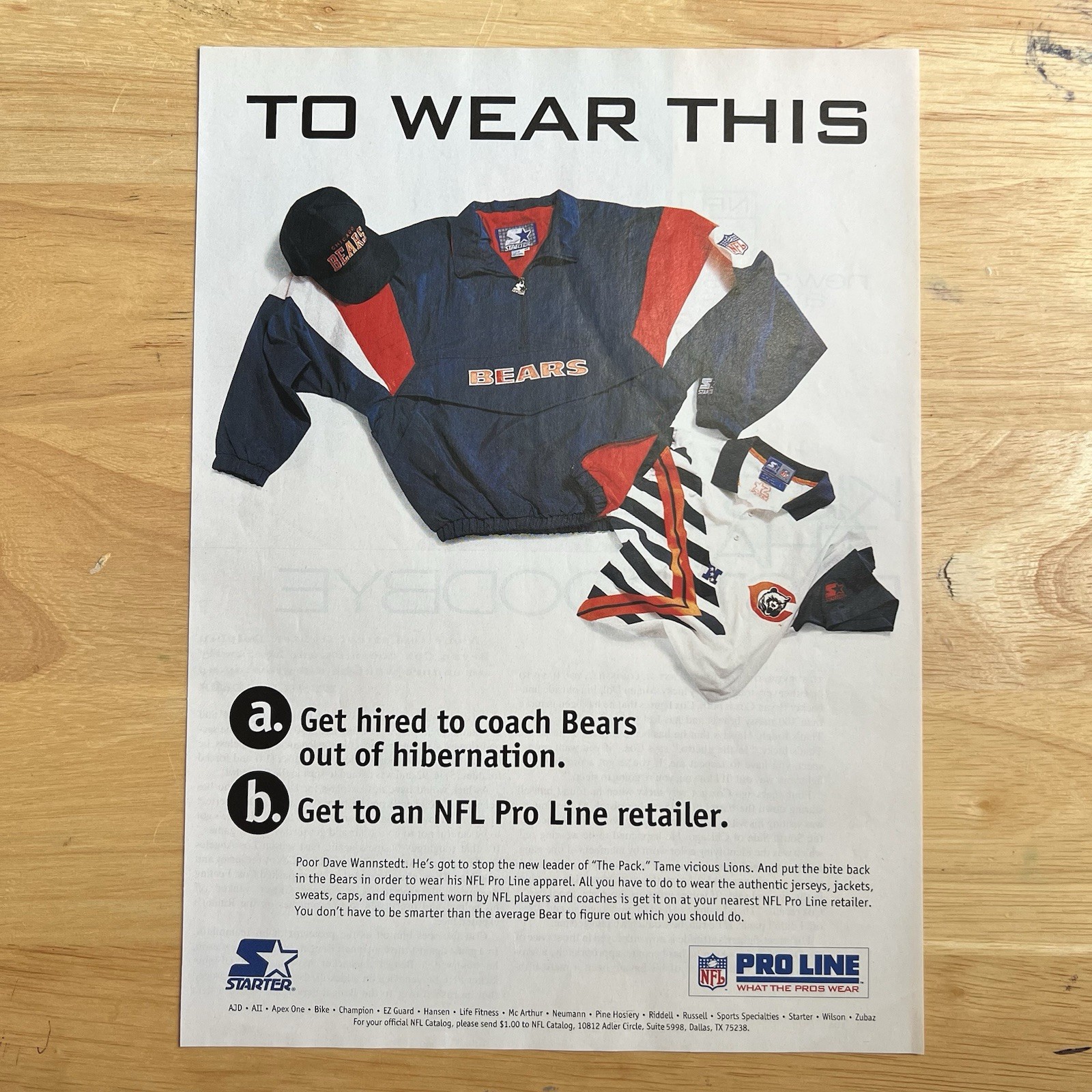 Vintage Starter NFL Chicago Bears Clothing Magazine Print Advertisement 93 Color