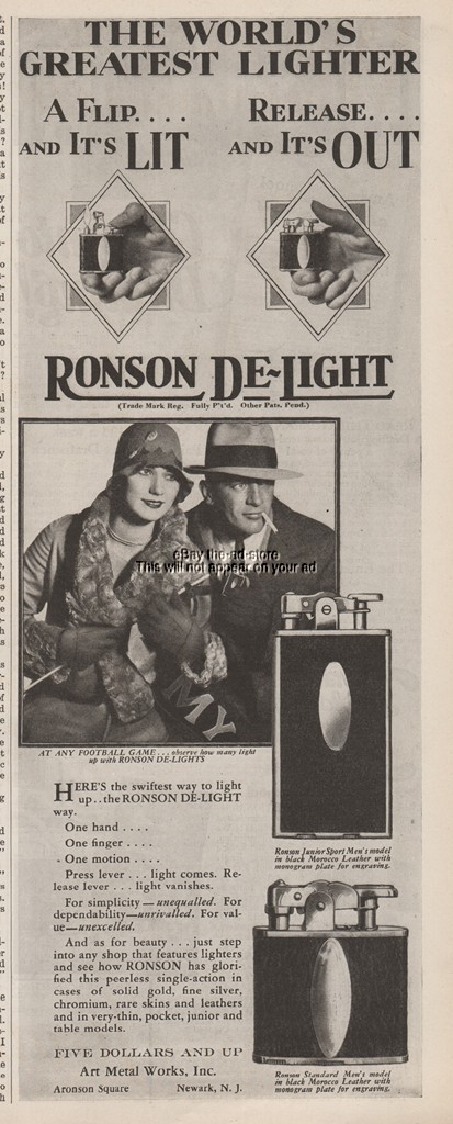 1928 Ronson De Light Cigarette Lighter Art Metal Works Newark NJ Football Ad