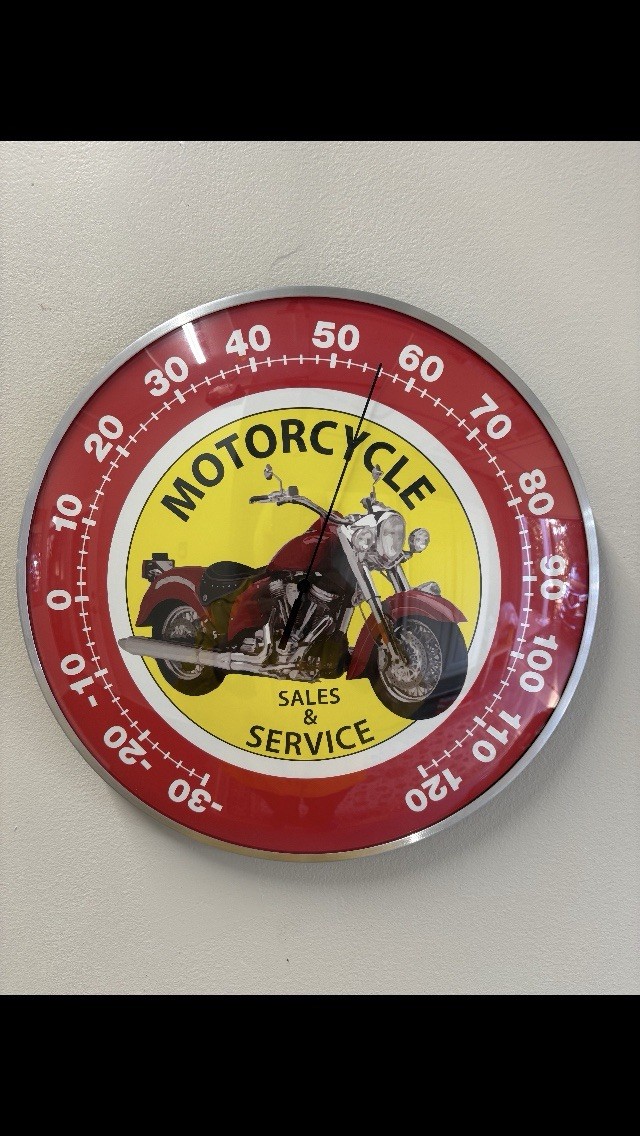 Motorcycle Sales & Service Advertising Sign Wall Thermometer Red Yellow Black