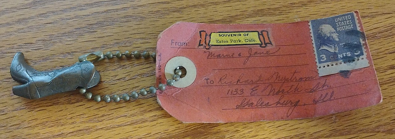Vintage Celluloid Plastic Small Cowboy Boot Charm & Attached Card Estes Park Co