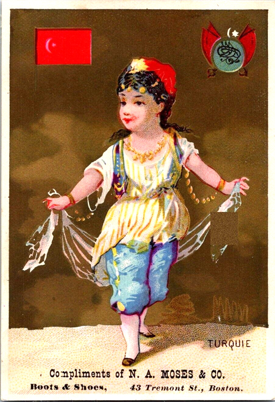 N.A. Moses Boots & Shoes Turkey Girl in Costume Victorian Trade Card